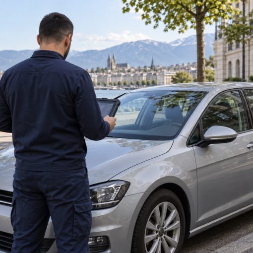 Illustration d’un professionnel contrôlant une clé auprès d’une voiture à Genève